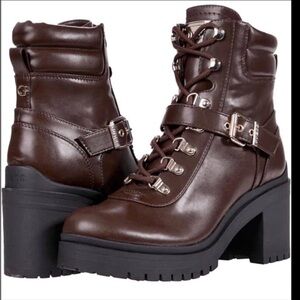 LIKE NEW! GUESS Canaly Platform Block Heel Combat Brown Leather Ankle Boots 8